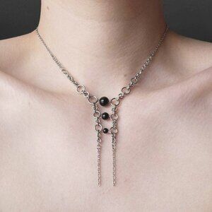 Gothic obsidian unique silver double rosary necklace